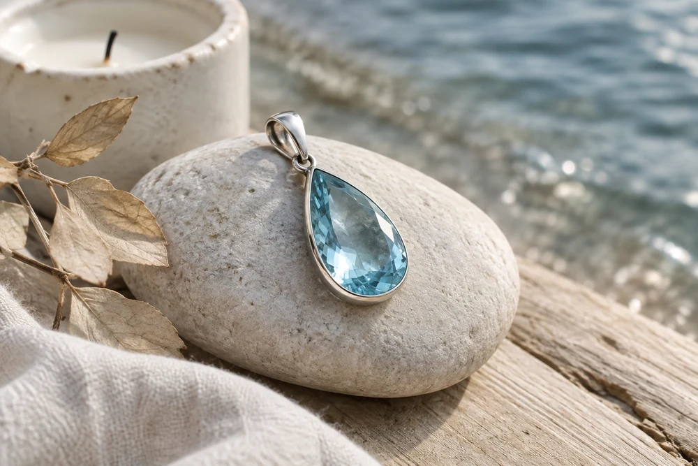 Aigue-marine au quotidien : pendentif en aigue-marine facettée monté sur argent, posé sur un galet clair au bord de l'eau