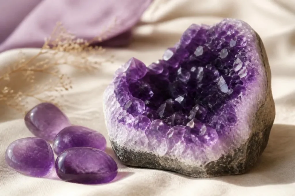 Géode d'améthyste naturelle et pierres roulées violettes sur un linge clair