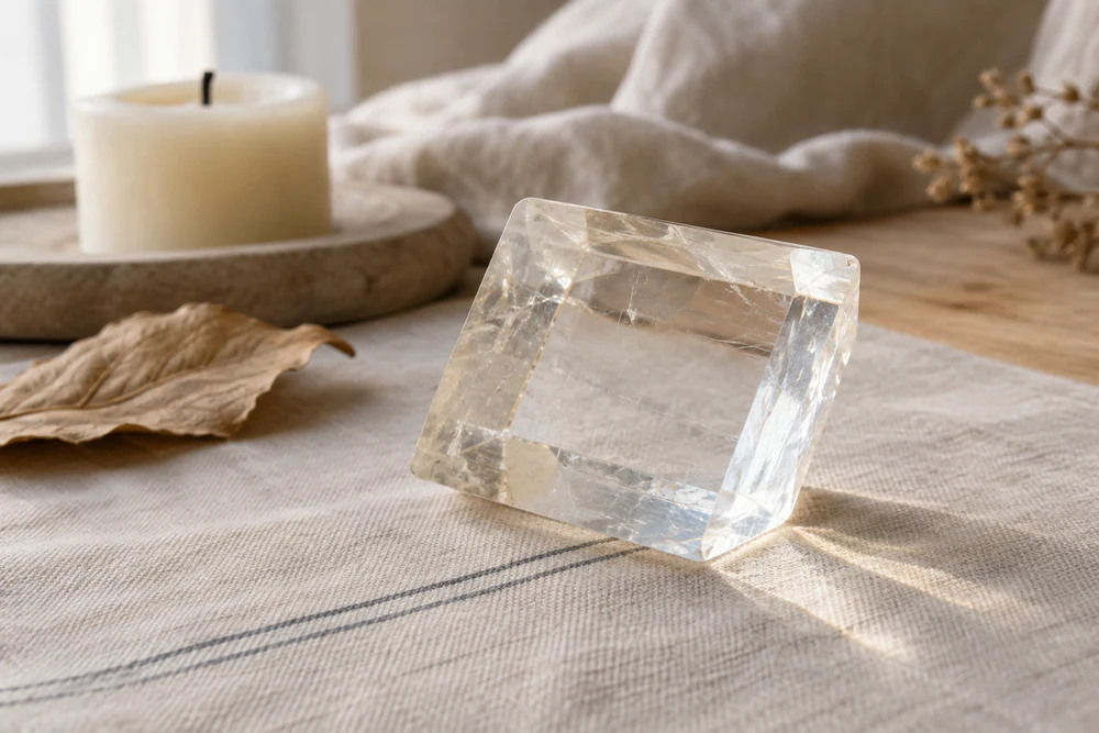 Calcite optique : rhomboèdre de spath d'Islande parfaitement transparent posé sur un linge rayé en lumière douce