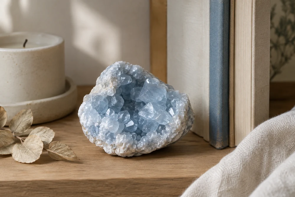 Célestite au quotidien : petite géode de célestite posée à l'ombre sur une étagère de chambre, à côté de quelques livres