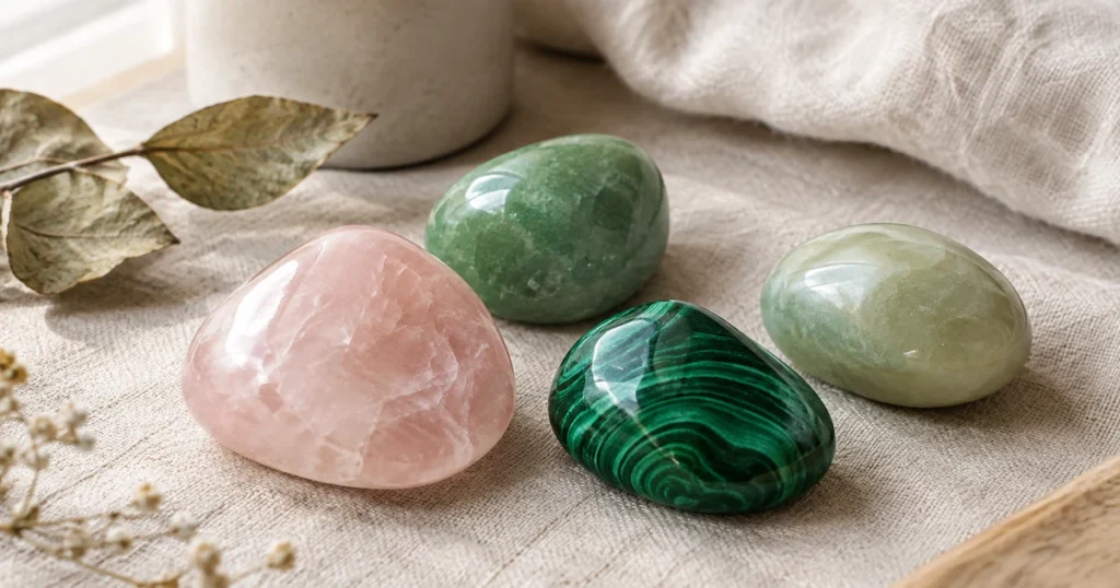 Chakra du cœur pierres : quartz rose, aventurine verte, malachite rubanée et jade posés ensemble sur un lin écru