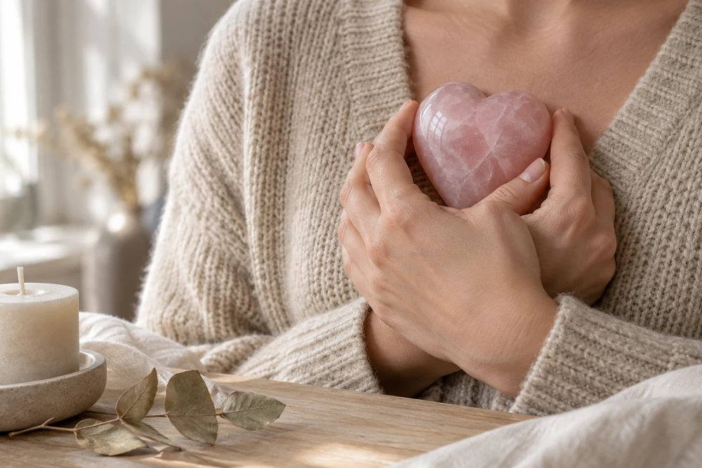 Chakra du cœur : mains croisées qui tiennent un cœur en quartz rose contre la poitrine, sur un pull en maille beige