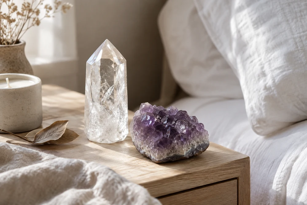Chakra couronne : pointe de cristal de roche et petite améthyste sur une table de chevet, près d'un lit en lin blanc