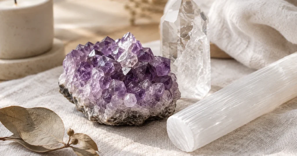 Chakra couronne pierres : amas d'améthyste, pointe de cristal de roche et bâton de sélénite posés sur du lin blanc