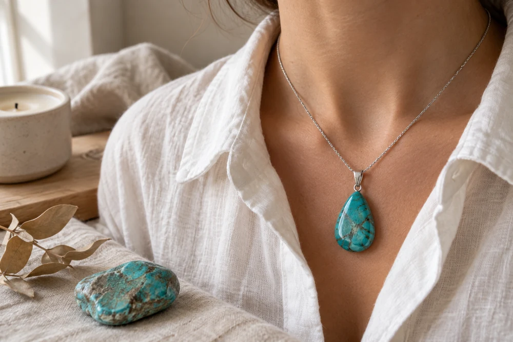 Chakra de la gorge : pendentif en turquoise porté au creux du cou, au-dessus du col ouvert d'une chemise en lin blanc