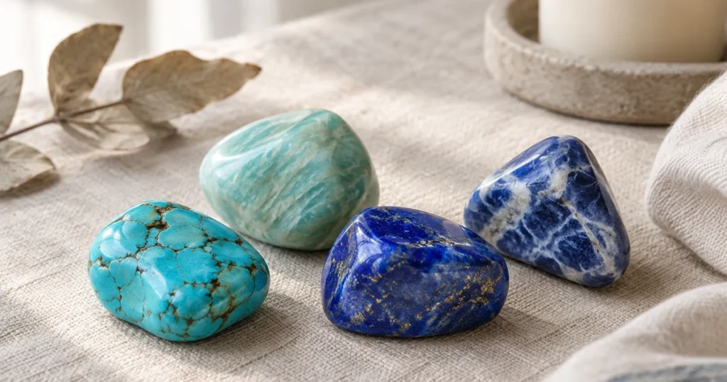 Chakra de la gorge pierres : turquoise, amazonite vert d'eau, lapis-lazuli et sodalite bleue posés sur du lin clair