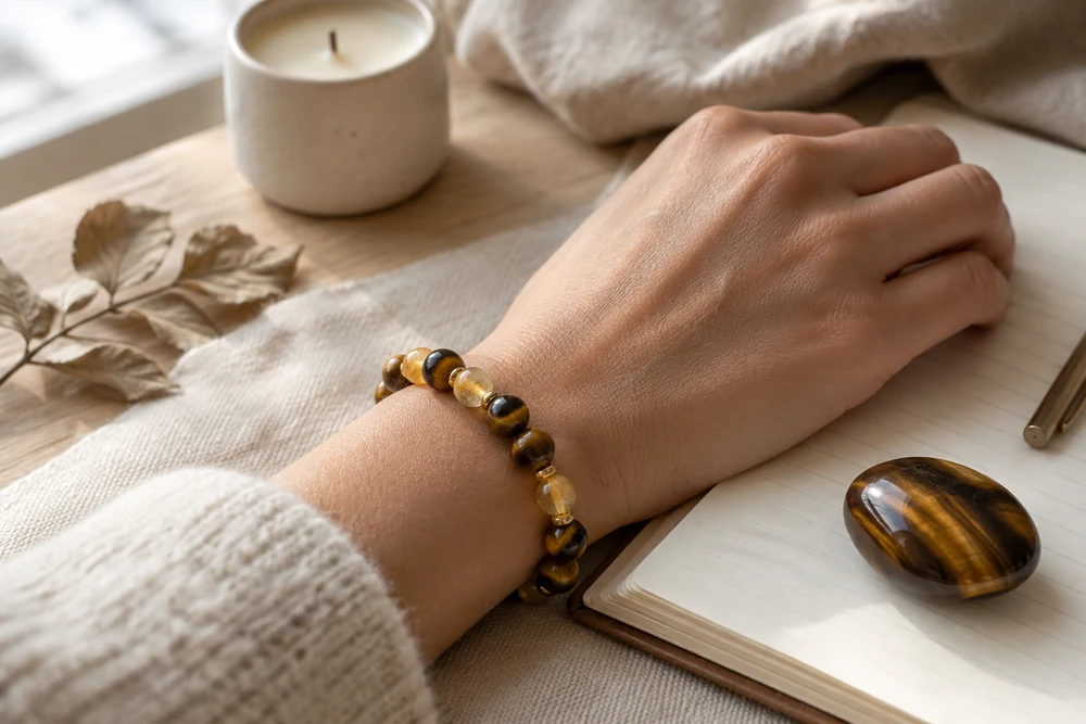 Chakra du plexus solaire au quotidien : bracelet en œil de tigre et citrine porté au poignet, main posée sur un agenda