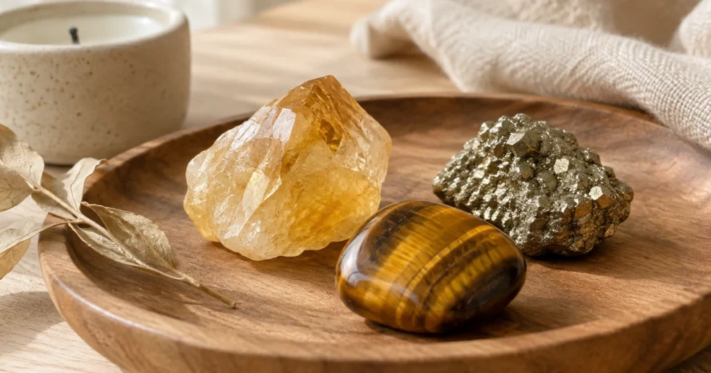 Chakra du plexus solaire pierres : citrine jaune, œil de tigre aux reflets dorés et pyrite posés sur un plateau en bois
