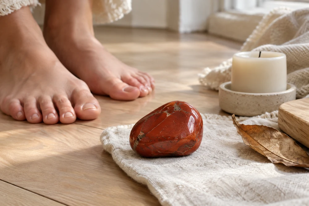 Chakra racine et ancrage : pierre de jaspe rouge posée au sol, près de deux pieds nus sur un parquet en bois clair