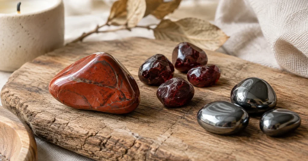 Chakra racine pierres : jaspe rouge, grenats rouge sombre et hématite brillante posés sur une planche de bois brut