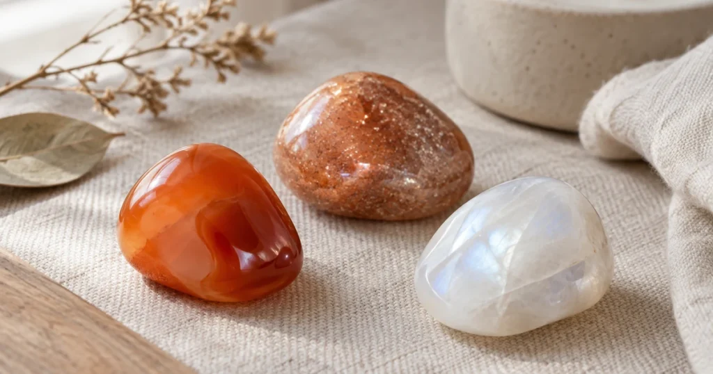 Chakra sacré pierres : cornaline orangée, pierre de soleil pailletée et pierre de lune laiteuse posées sur du lin écru
