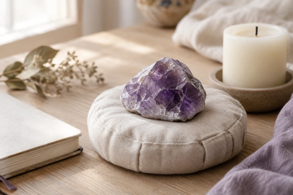 Chakra du troisième œil : améthyste posée sur un coussin de méditation, à côté d'un carnet fermé et d'une bougie