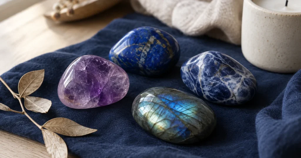 Chakra du troisième œil pierres : améthyste, lapis-lazuli, sodalite et labradorite posés sur un tissu bleu nuit