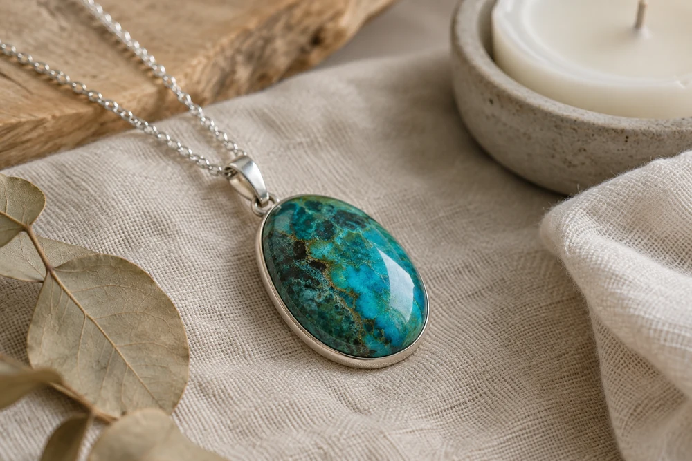 Chrysocolle au quotidien : pendentif en cabochon de chrysocolle bleu-vert sur une chaîne en argent posée sur du lin