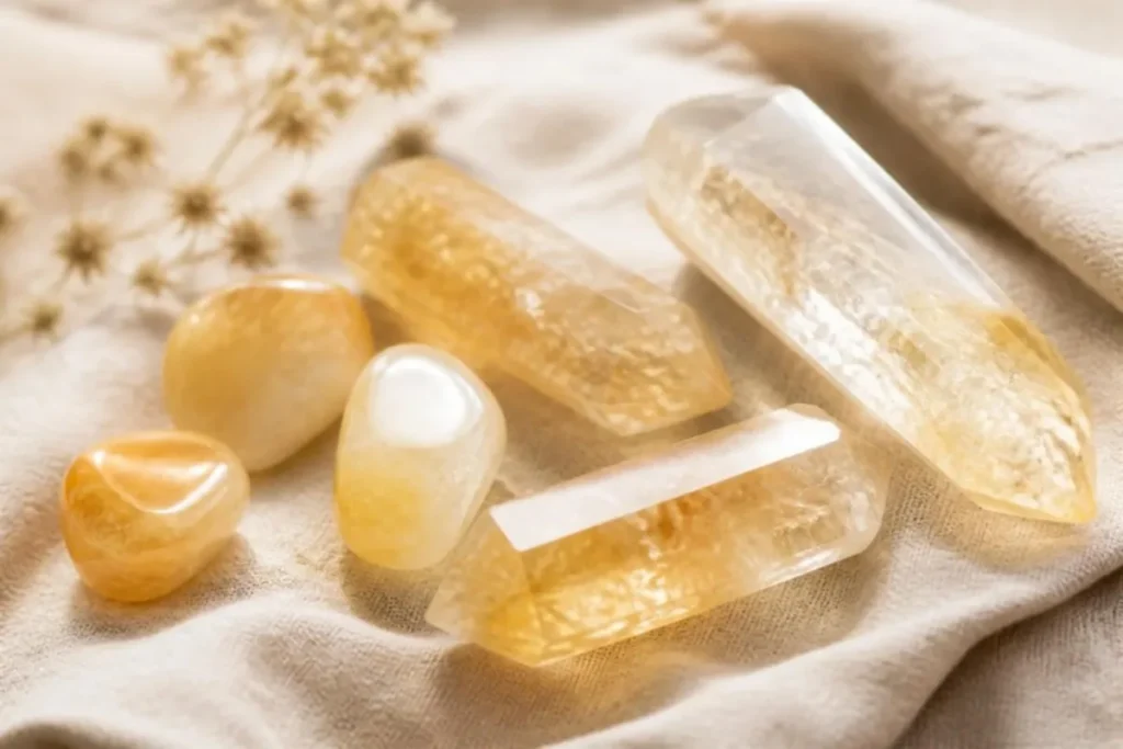 Pointes et pierres roulées de citrine jaune pâle sur un linge clair