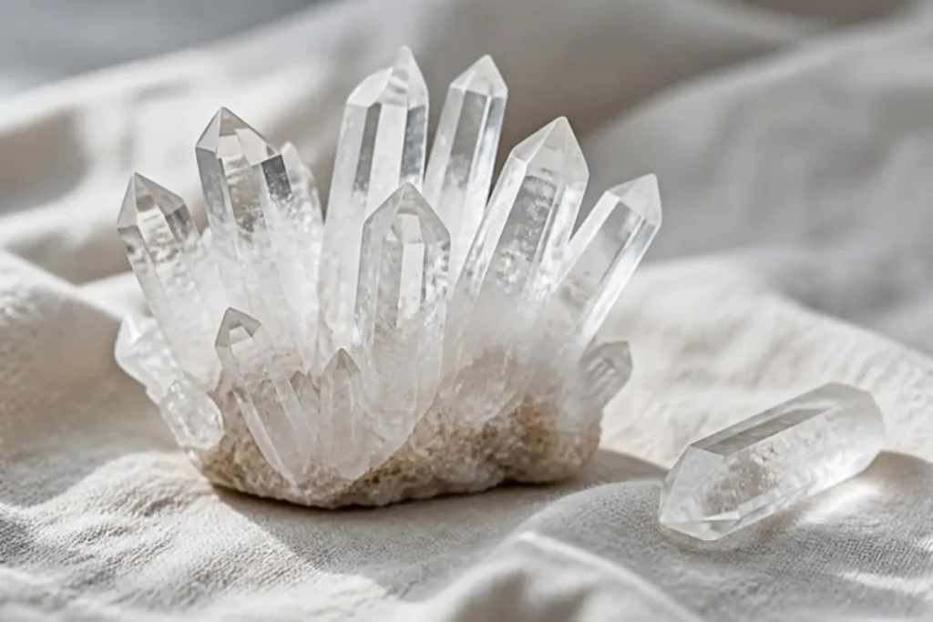 Druse de cristal de roche aux pointes transparentes et pointe de quartz