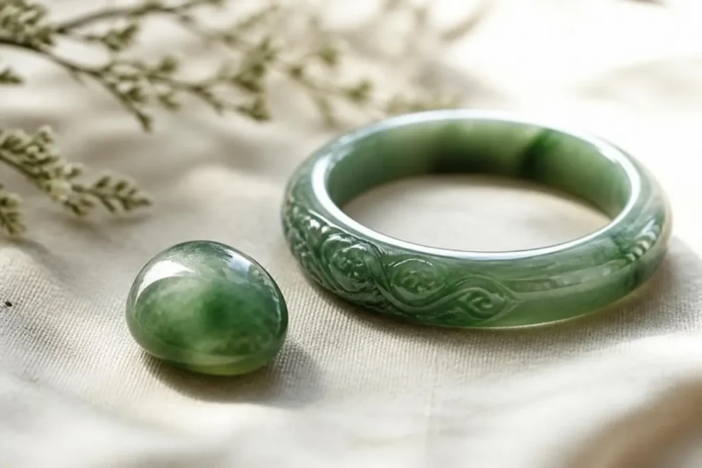 Galet de jade vert poli et bracelet jonc en jade
