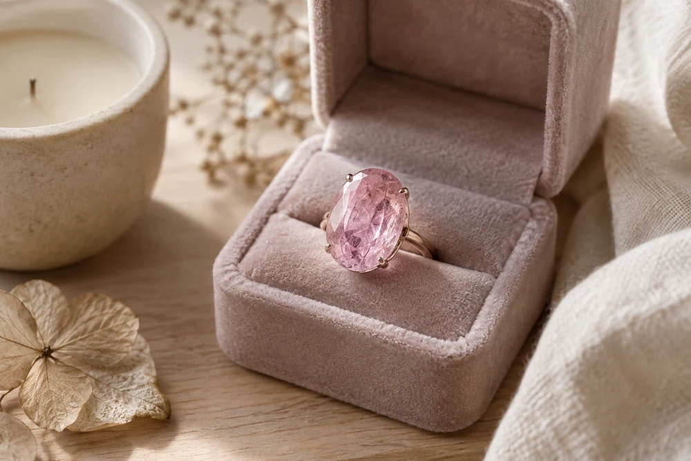 Kunzite au quotidien : bague sertie d'une kunzite rose, rangée dans une boîte à bijoux en velours à l'abri de la lumière