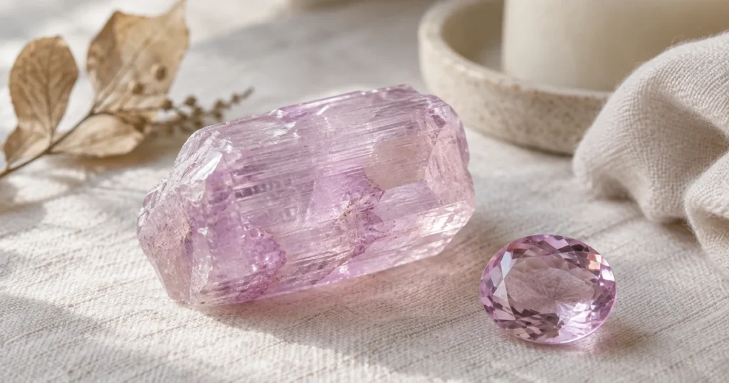 Kunzite en cristal rose lilas translucide et en pierre facettée délicate, posés sur un lin blanc dans une lumière tamisée