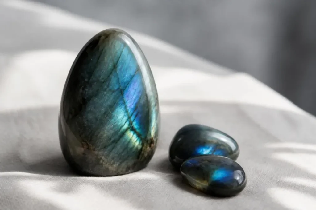 Labradorite polie aux reflets bleus et verts de labradorescence