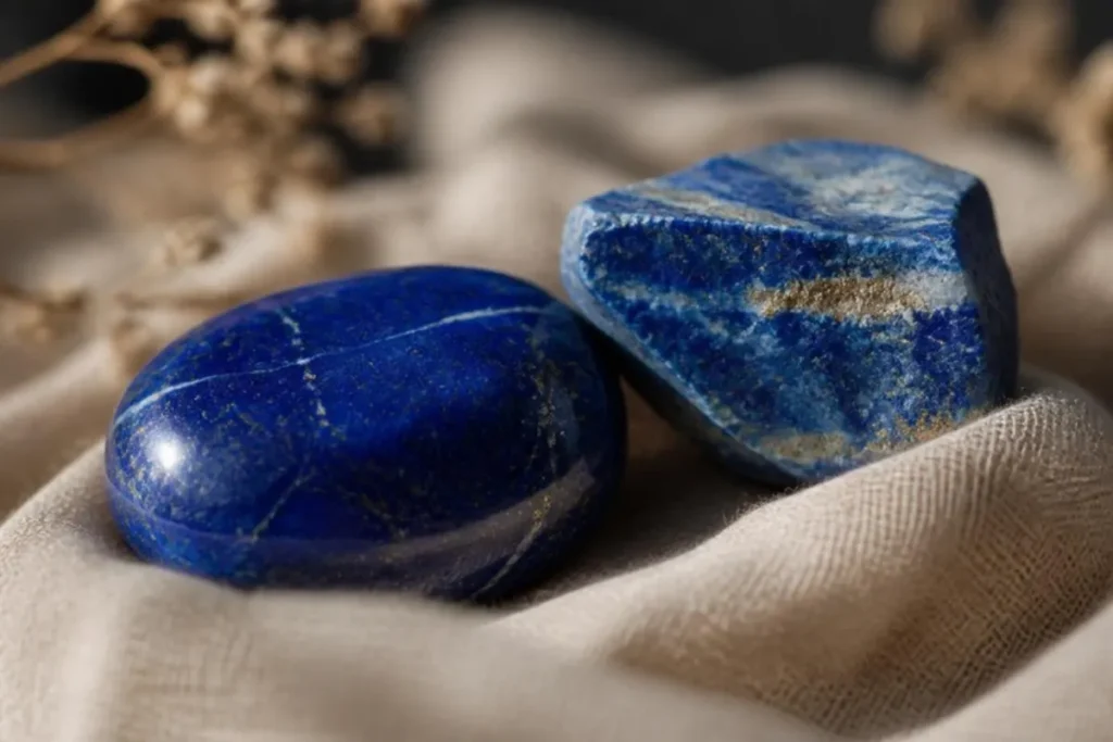 Lapis-lazuli poli bleu outremer et morceau de lapis-lazuli brut