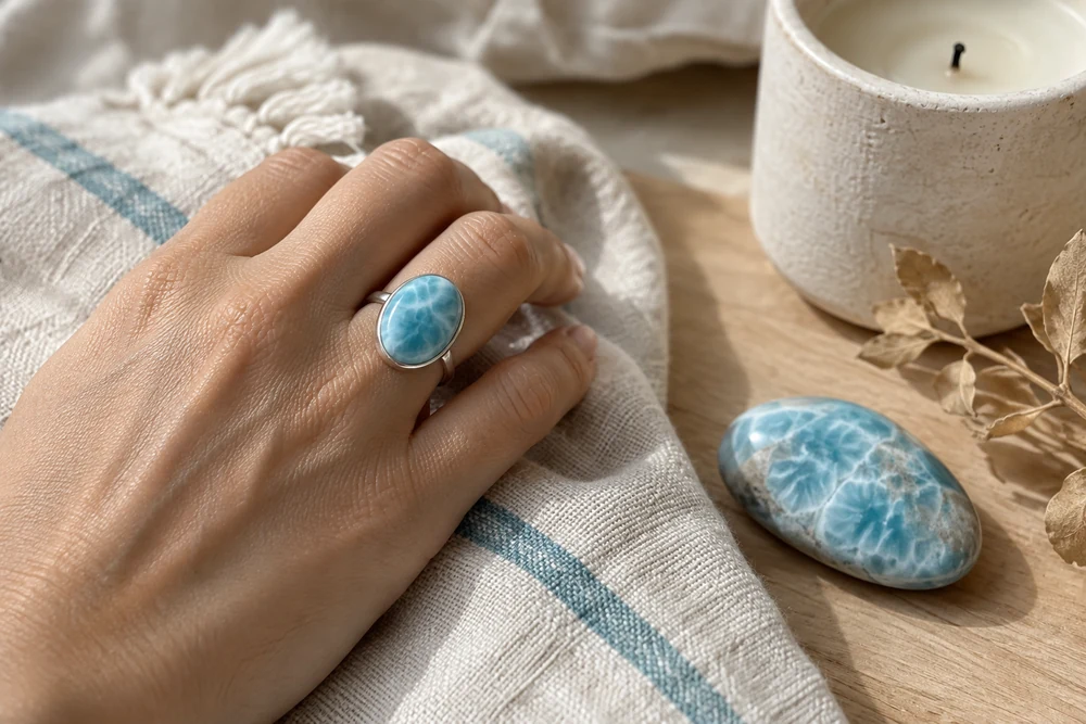 Larimar au quotidien : bague en argent sertie d'un larimar bleu, portée à la main posée sur une serviette en lin