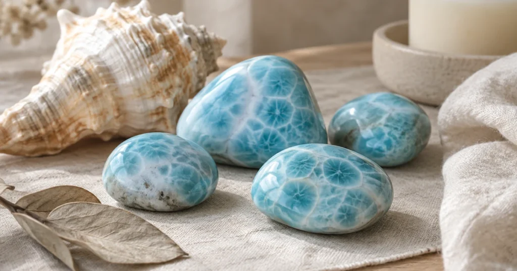 Larimar poli bleu océan aux motifs blancs ondulés comme des reflets d'eau, posé près d'un coquillage sur du lin