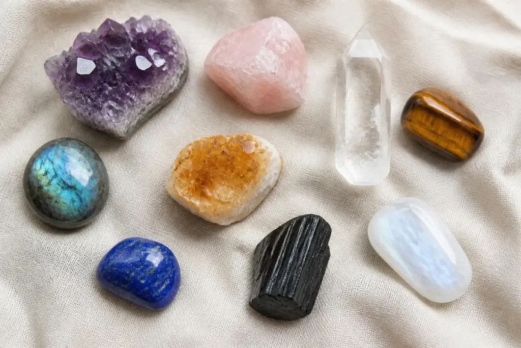 Assortiment de pierres naturelles : améthyste, quartz rose, cristal de roche, œil de tigre, labradorite