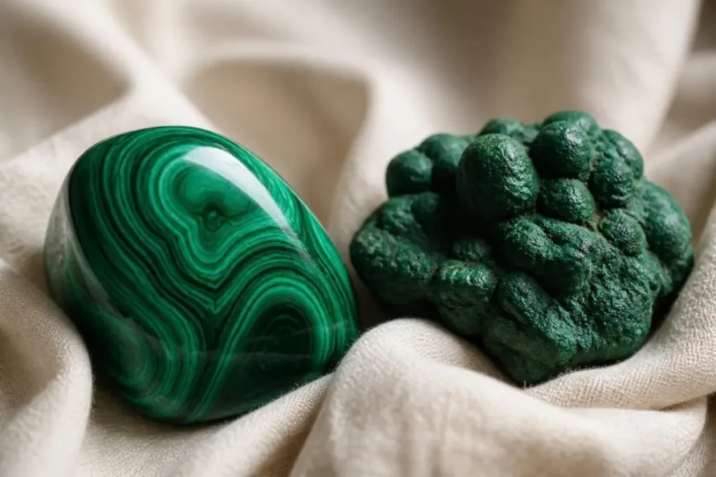 Malachite polie à bandes vertes et malachite brute mamelonnée