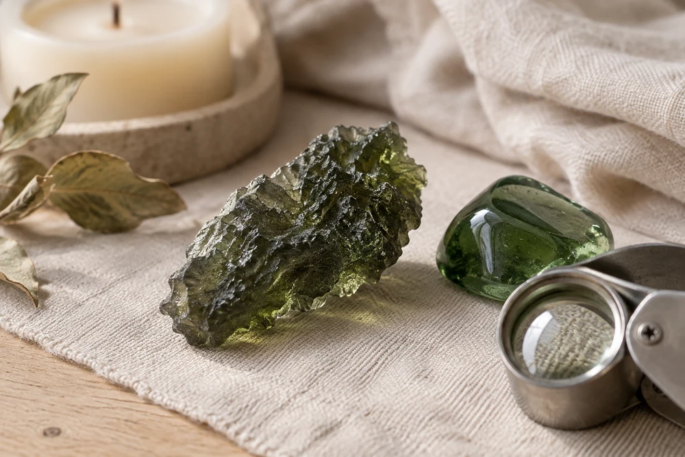 Moldavite naturelle à la surface ridée à côté d'une imitation en verre vert lisse, avec une loupe de bijoutier