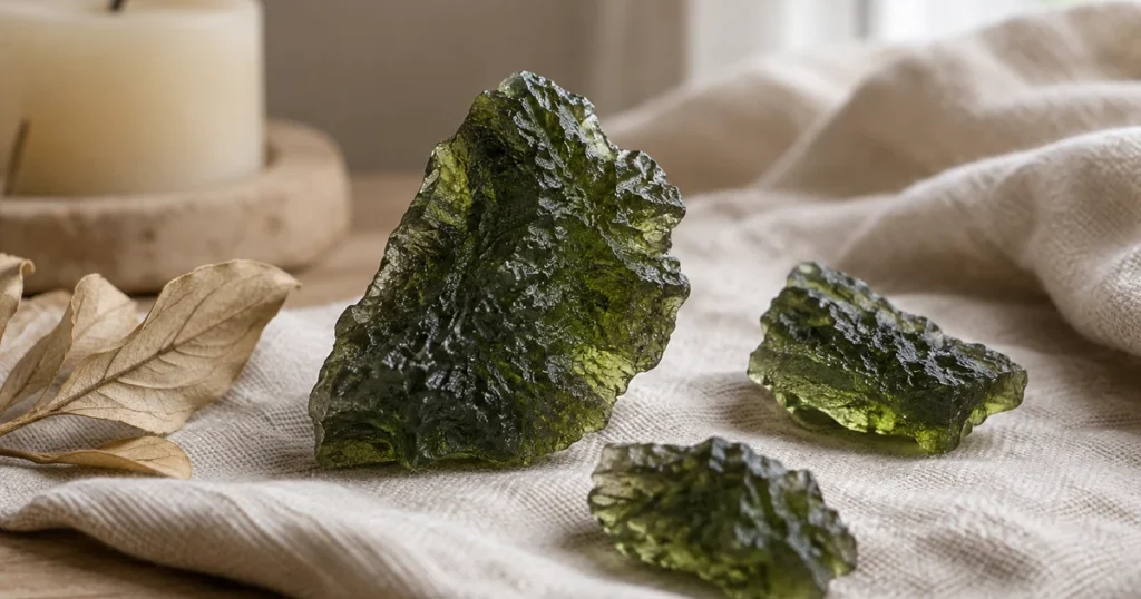 Moldavite en fragments vert bouteille translucides à la surface sculptée et ridée, posés sur un tissu sombre