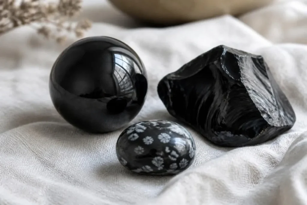 Sphère d'obsidienne noire, obsidienne brute et obsidienne mouchetée