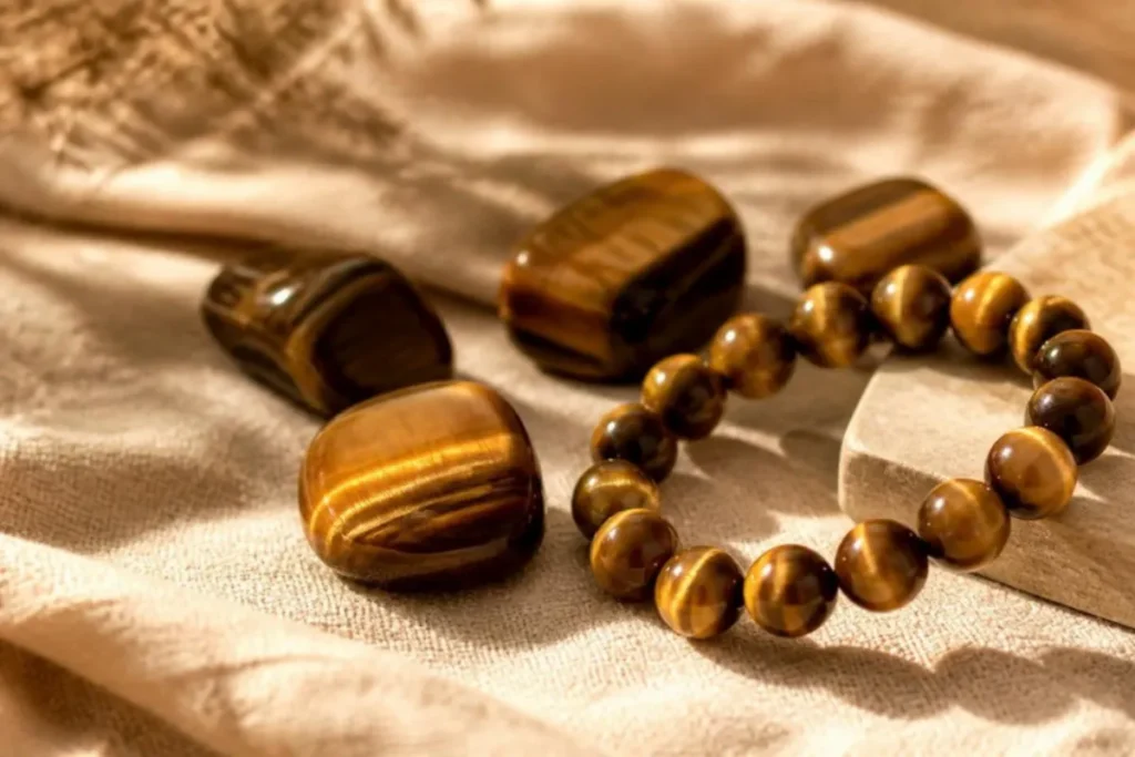 Pierres roulées et bracelet en œil de tigre aux reflets dorés chatoyants
