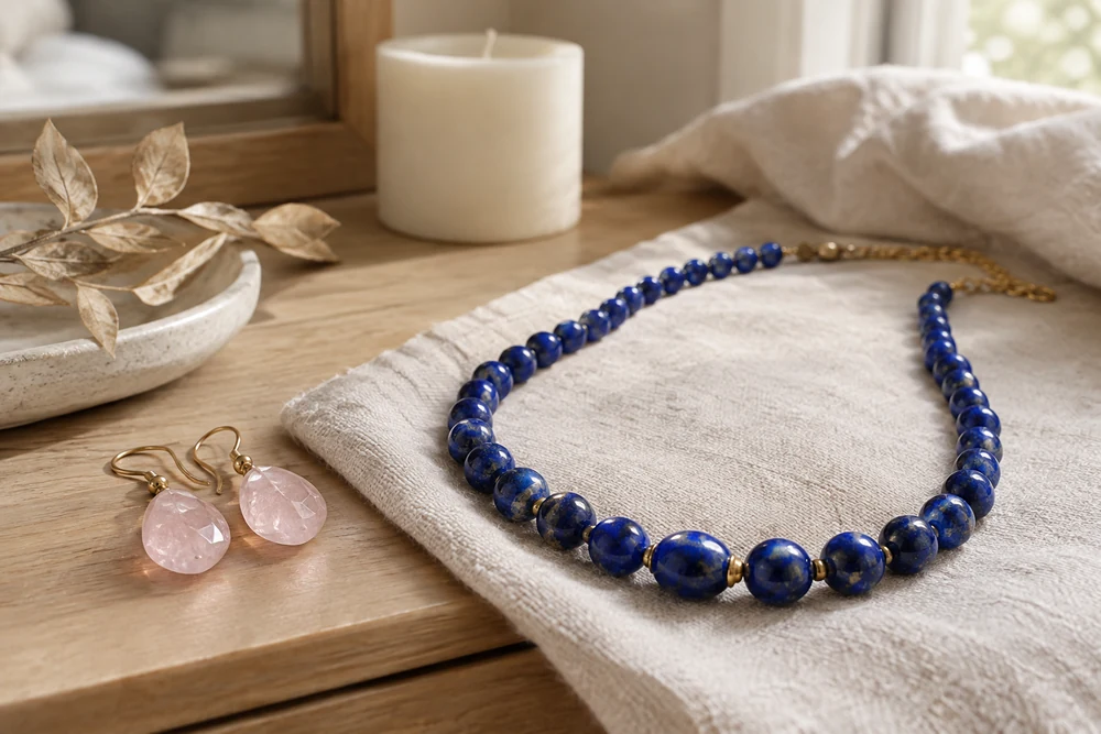 Pierre Balance au quotidien : boucles d'oreilles en quartz rose et collier en lapis-lazuli posés sur une coiffeuse