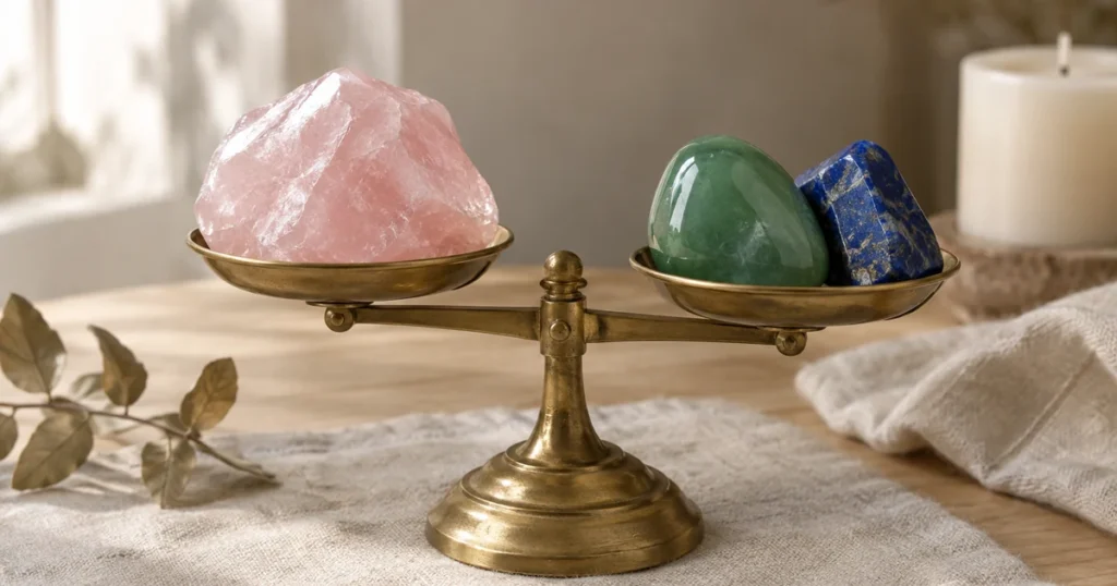Pierre Balance : quartz rose, jade vert et lapis-lazuli disposés sur les plateaux d'une petite balance en laiton