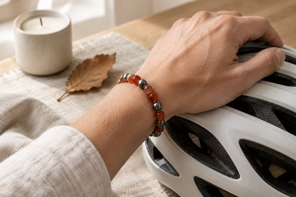 Pierre Bélier au quotidien : bracelet en cornaline et hématite porté au poignet, la main posée sur un casque de vélo