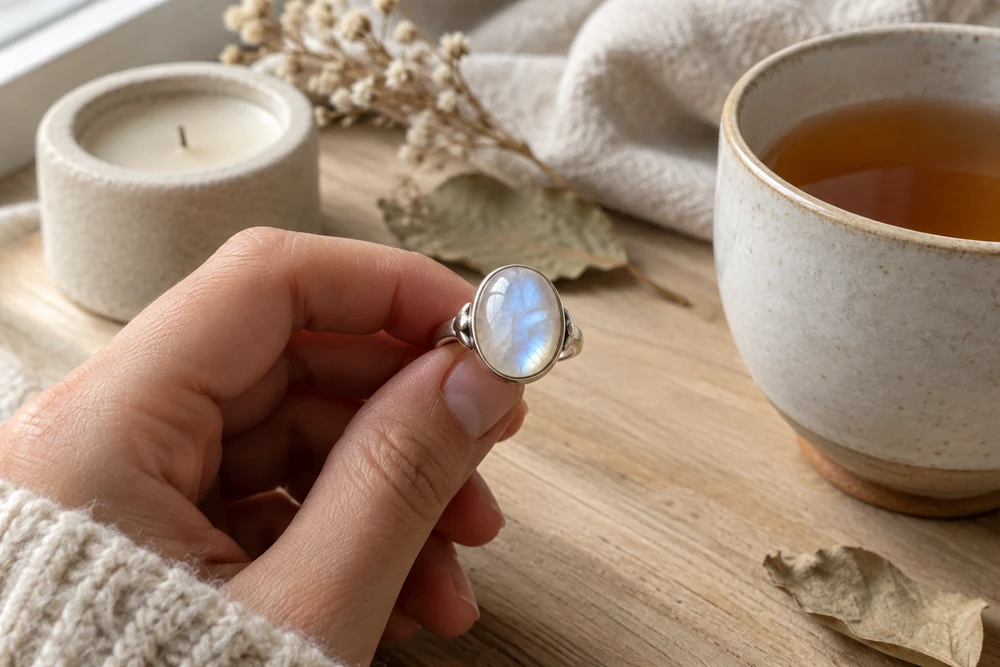 Pierre Cancer au quotidien : bague en argent sertie d'une pierre de lune portée à la main, près d'une tasse de thé