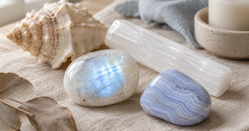 Pierre Cancer : pierre de lune aux reflets bleutés, bâton de sélénite et agate dentelle bleue près d'un coquillage