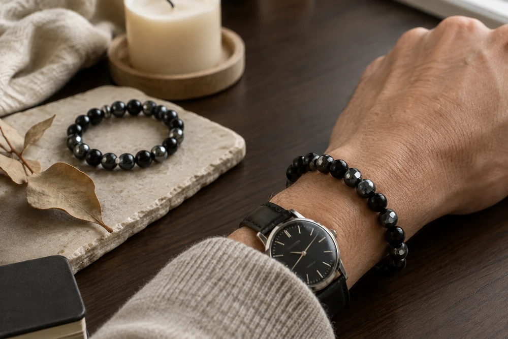 Pierre Capricorne au quotidien : bracelet en onyx noir et hématite porté à côté d'une montre, sur un bureau sombre