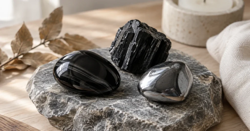 Pierre Capricorne : onyx noir poli, tourmaline noire brute et hématite posés sur une roche grise de montagne