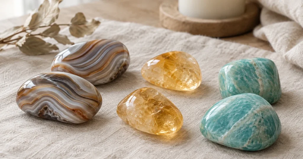 Pierre Gémeaux : agate rubanée, citrine jaune et amazonite vert d'eau disposées par paires sur du lin écru