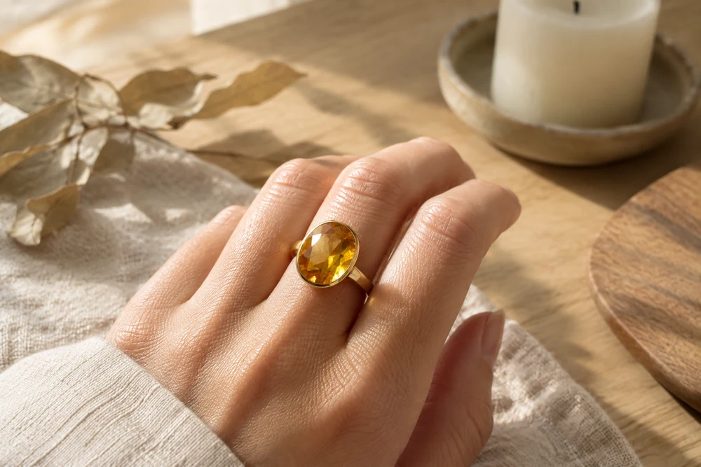 Pierre Lion au quotidien : bague en or sertie d'une citrine jaune, portée à la main sur une table en bois ensoleillée