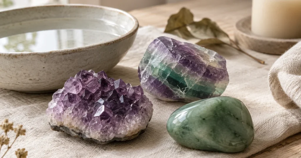 Pierre Poissons : améthyste, fluorite violette et verte et jade posés près d'un bol en céramique rempli d'eau claire