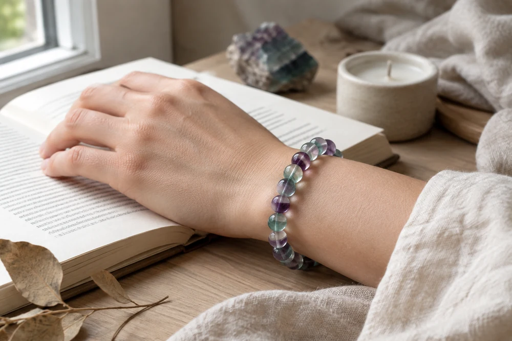 Pierre Poissons au quotidien : bracelet en fluorite porté au poignet, main posée sur un livre ouvert près d'une fenêtre