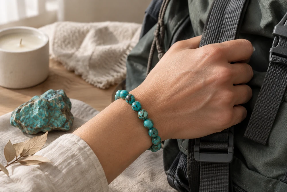 Pierre Sagittaire au quotidien : bracelet en turquoise porté au poignet, main posée sur la sangle d'un sac à dos