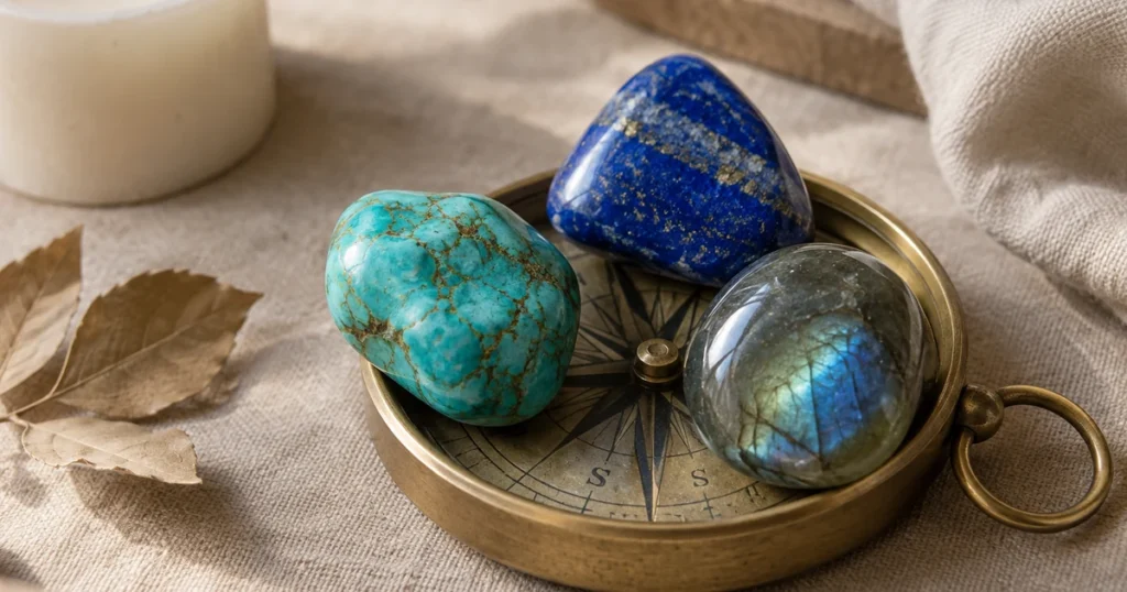 Pierre Sagittaire : turquoise, lapis-lazuli et labradorite posés sur une boussole en laiton et une toile de lin