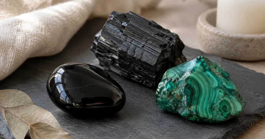 Pierre Scorpion : obsidienne noire brillante, tourmaline noire brute et malachite rubanée posées sur une ardoise sombre