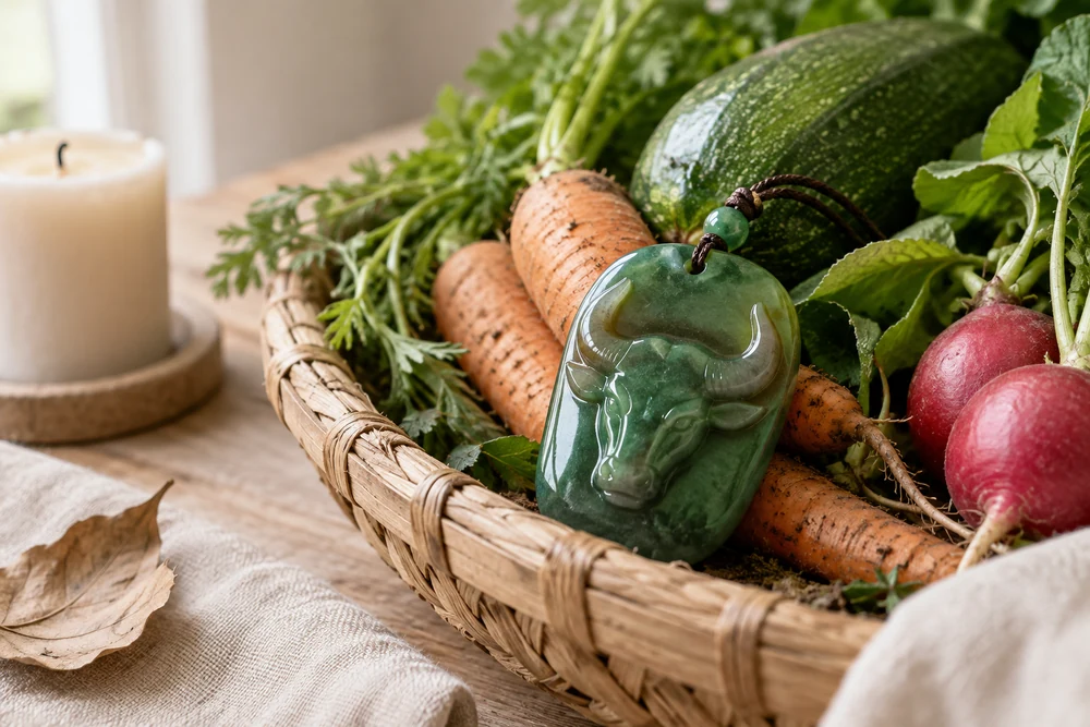 Pierre Taureau au quotidien : pendentif en jade vert sculpté en tête de taureau, posé sur un panier de légumes