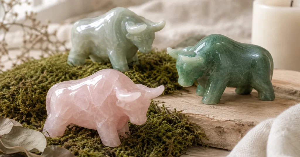 Pierre Taureau : petits taureaux sculptés en quartz rose, aventurine verte et jade, posés sur un lit de mousse