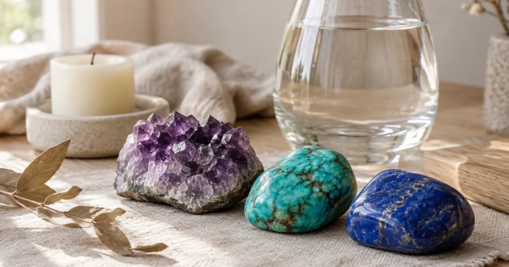 Pierre Verseau : améthyste violette, turquoise et lapis-lazuli posés près d'une carafe d'eau en verre sur du lin